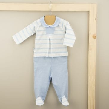 Conjunto Primera Puesta de Camiseta en Rayas y Polaina en Tono Celeste. Familia Rayas. Babidu. (Ref. 52209)
