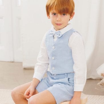 Conjunto Niño Arras en Lino Azul Pantalón Corto. Artesanía Amaya