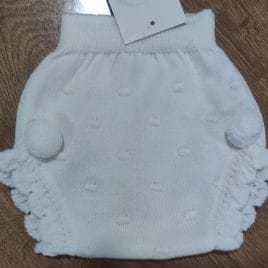 Braguita-Cubrepañal Punto Bebe Crudo con Pompones. Confecciones Popys (Ref.25123)