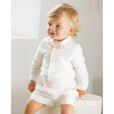 Conjunto Ceremonia Bebe Crudo Camisa y Pantalón. Artesanía Amaya
