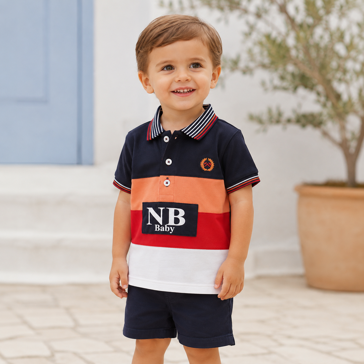 Niño con polo infantil Miranda multicolor en sesión exterior de verano