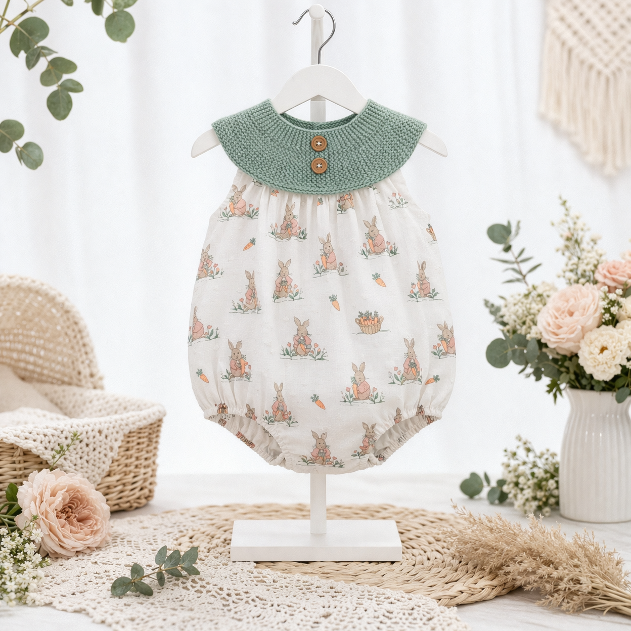 pelele bebé algodón estampado verde micolino irina 0951 conejitos