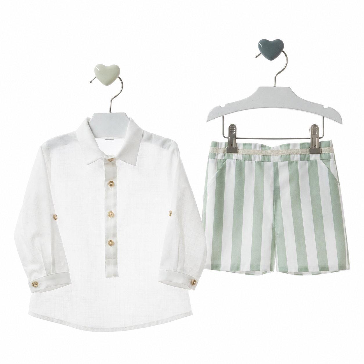 Conjunto niño ceremonia verde Marta y Paula Minarai Conjunto niño Minarai verde Marta y Paula con camisa blanca y bermuda de rayas verdes