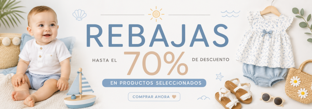 Banner de rebajas de verano en ropa infantil y bebé con hasta un 70% de descuento en productos seleccionados de El Salón del Bebé.