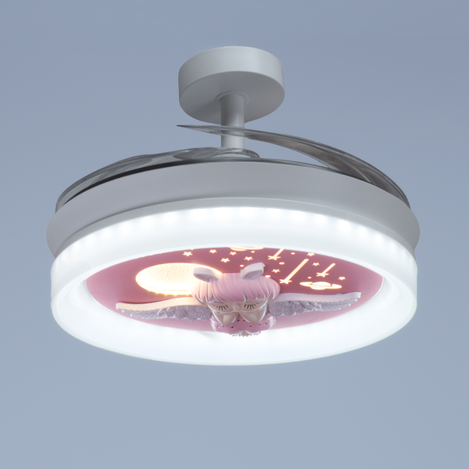 Luz regulable. Ventilador infantil Ángel con luz LED encendida